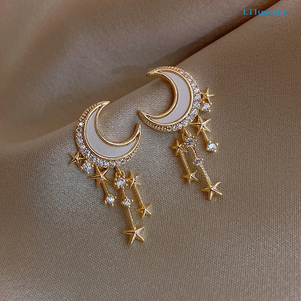 1 Pasang Anting Stud Rumbai Bentuk Bulan Bintang Aksen Berlian Imitasi Untuk Wanita
