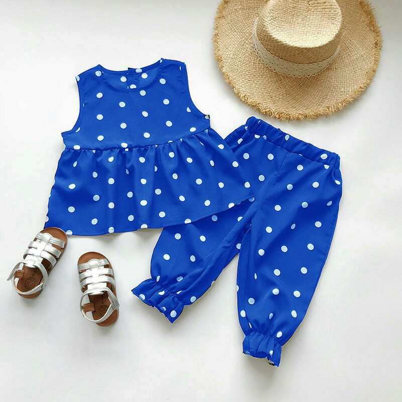 Setelan Baju Anak Perempuan Motif Polkadot Celana Panjang Usia 3-5 Tahun MS