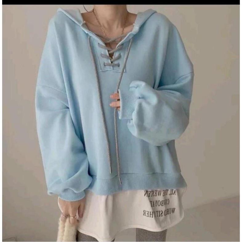 Cross Rope Hoodie Premium Sweat Fleece Wanita Korean Style