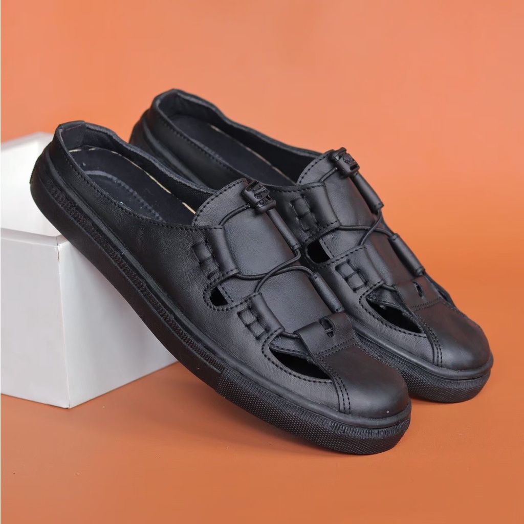 ENOZ X VELOZ - Sandal Slop Loafers Pria Kasual Kulit Asli Original Handmade Slip On Bustong Casual Cowo Laki Men ORI Terkini Sepatu Sendal Casual Cowok Keren Trendy Kekinian