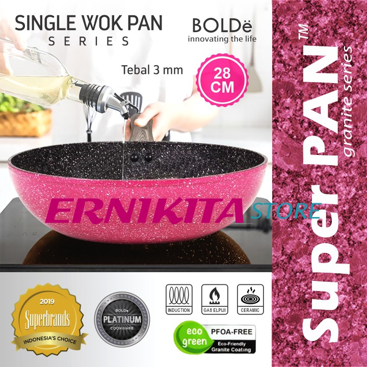 BOLDe WOK PAN 28 CM - Super Pan Wajan Black Pink Granite Coating