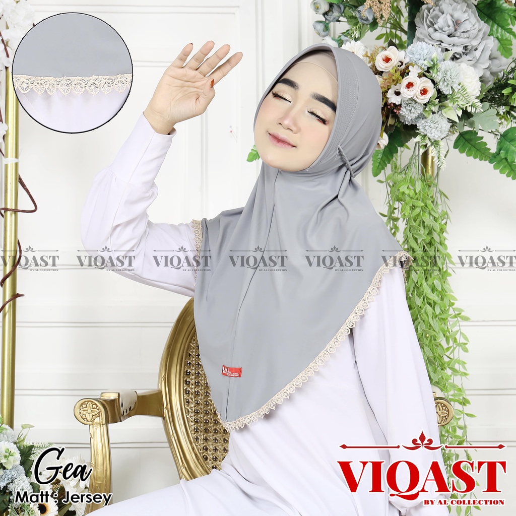 Jilbab Bergo Pet Gea/ Hijab Instan Tepi Renda/ Kerudung Bergo Khimar Ped Tali Kepang