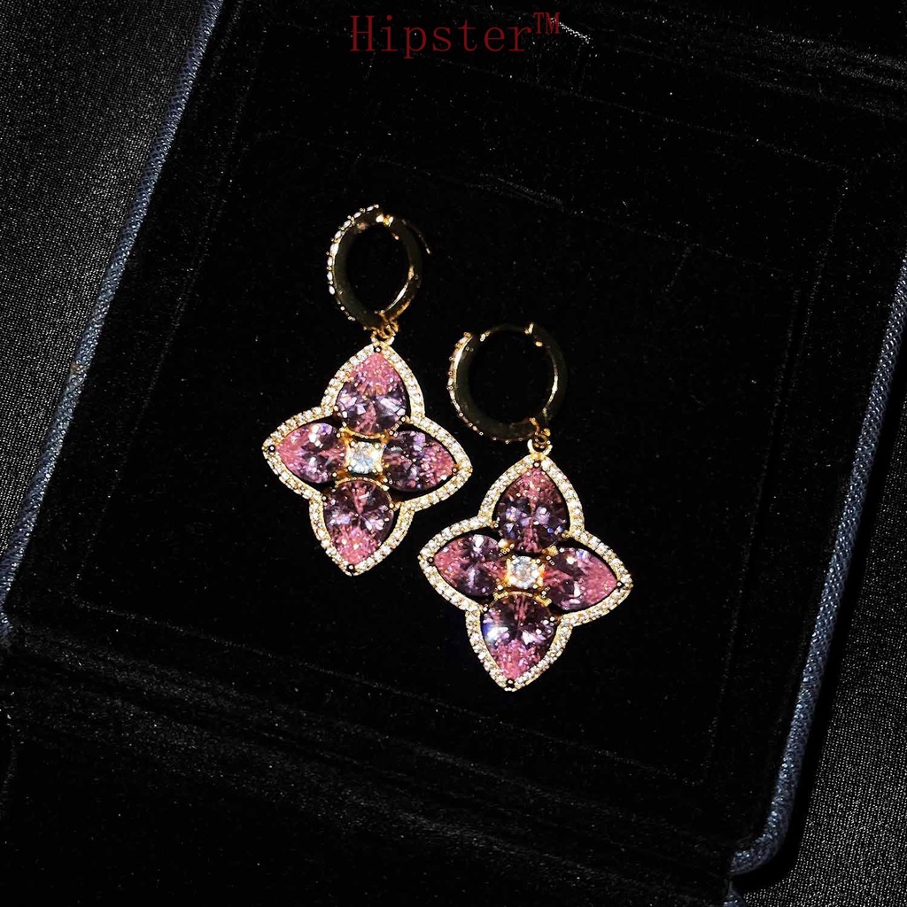 New Design Pink Flower Inlaid Retro High Carbon Diamond Silver Needle Petal Eardrops