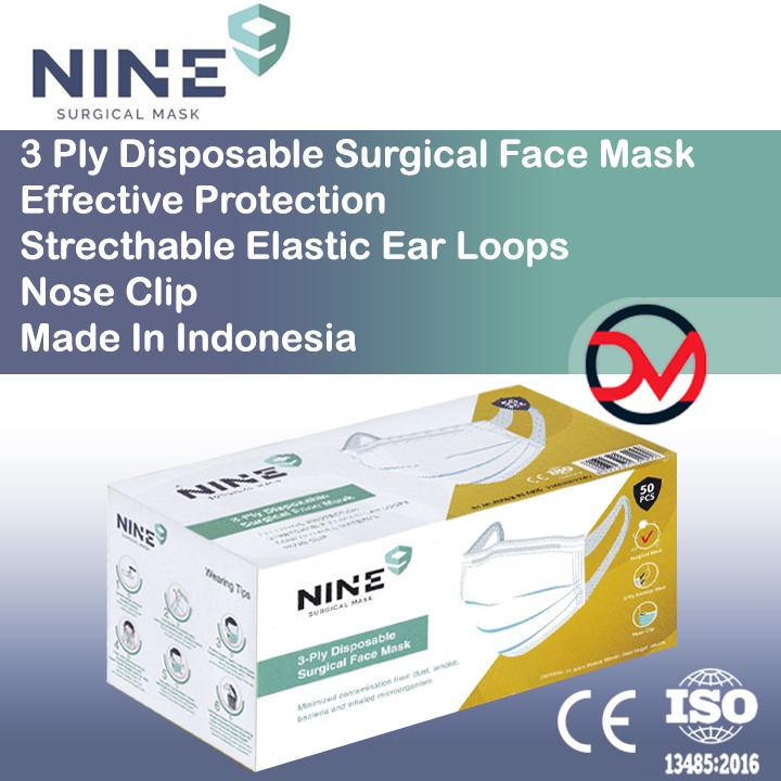 (Original) Nine Masker Surgical Face Mask 3 Ply model Tali Lebar isi 50pcs Exp Lama Termurah