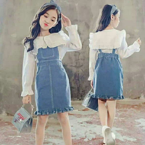 Set Anak Rok Jeans / Anak Perempuan / Fashion Keren Dan Bergaya / Baju Putih Rok Pendek Jeans / Warn