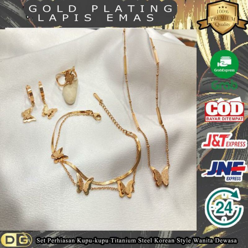 Set perhiasan titanium xuping asli lapis emas aksesoris wanita - Model Kupu - Kupu Titanium