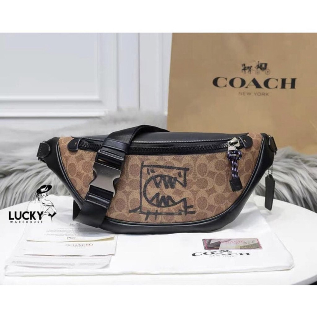 Coach Rivington Belt Bag Signature Canvas With Rexy - Original 100%