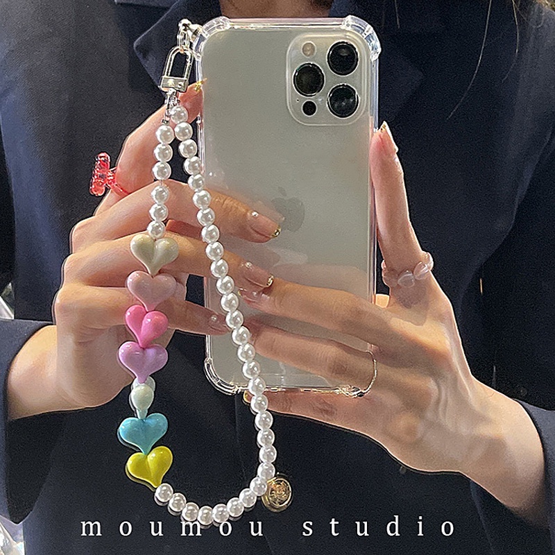 Case Transparan Motif Hati Dengan Gantungan Kunci Mutiara Untuk Iphone 11 6s 8 7 Plus SE2 XS XR 12 13 Mini PRO MAX
