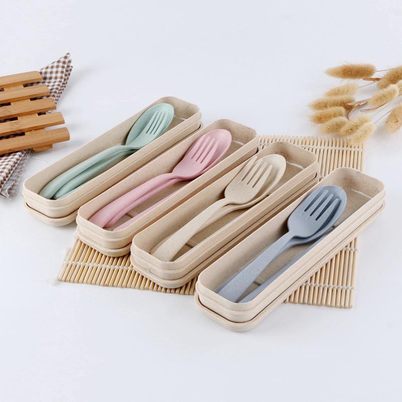 HOVELSHOP Set Sendok Jerami Gandum Garpu Sumpit Travel Set Alat Makan Bahan Wheat Travel Cutlery