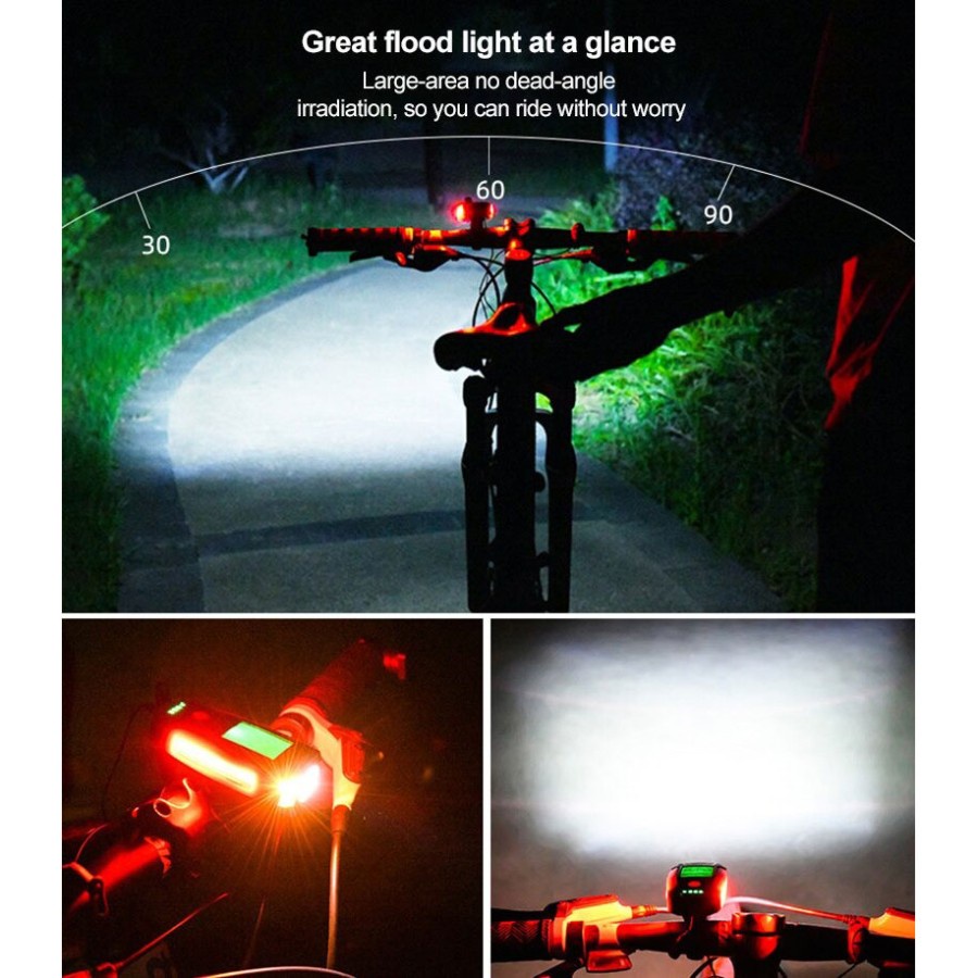 4 in 1 Lampu Sepeda + Klakson + Speedometer Rechargeable 1200mAh