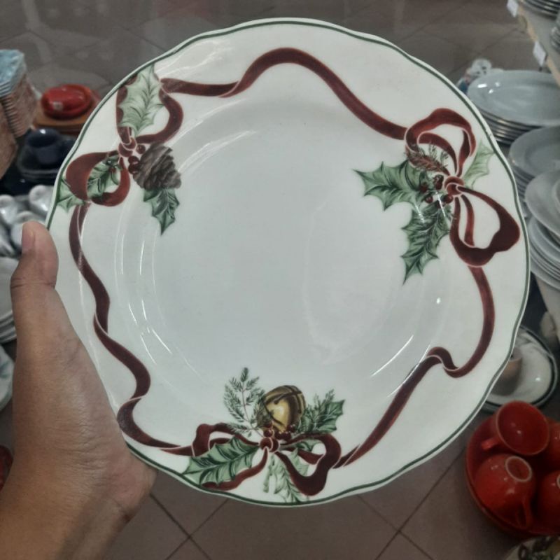 SALAD PLATE PIRING KERAMIK HIAS SANGO MOTIF TEMA NATAL CHRISTMAS CANTIK WINTER BUNGA SHABBY LONCENG