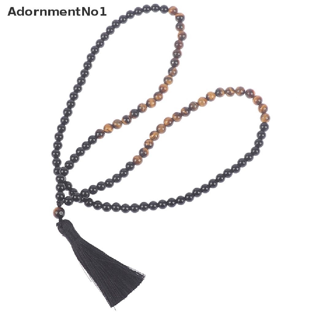 [AdornmentNo1] Natural Black Onyx &amp; Wood Beaded Mala Buddha Tassel Necklace Rosary 8mm Beads [new]