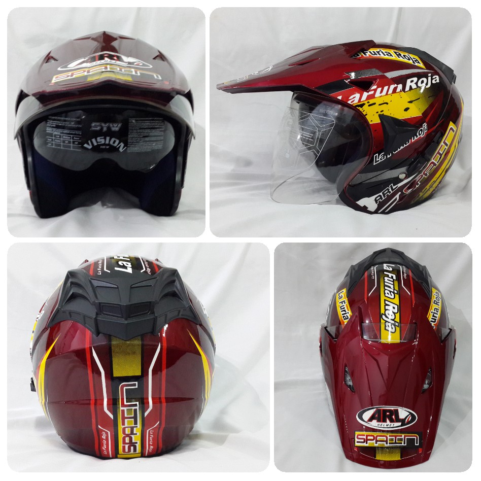 Helm ARL Semi Cross Half Face Double Visor Spain Merah Maroon.
