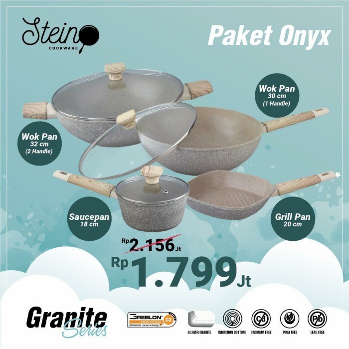 Stein Cookware Paket Onyx Anti Lengket Original GROSIR Bonus FREE Spatula Sutil Cocok untuk DEBM (PA