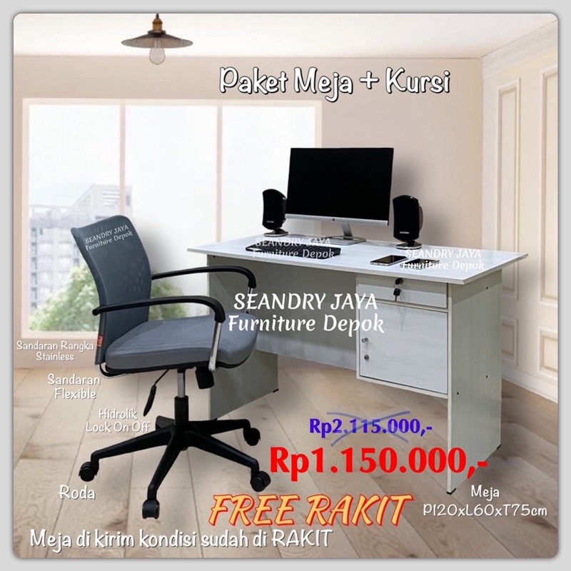 Jual MEJA KERJA PUTIH+KURSI PUTAR ICHIKO/PROMO MURAH/KANTOR/BELAJAR ...