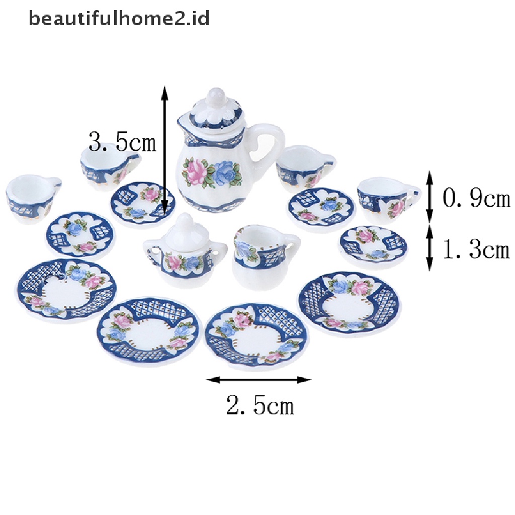 (Beautifulhome2.Id) 15pcs / Set Mainan Miniatur Cangkir Teh Porselen Motif Bunga Untuk Aksesoris Rumah Boneka 1: 12