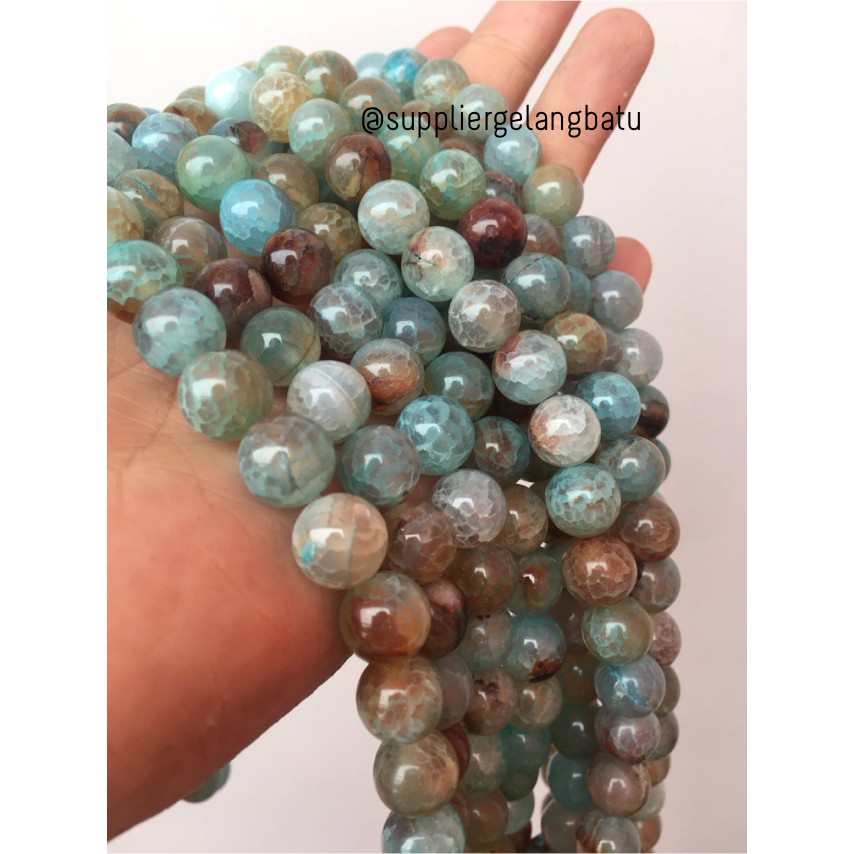 batu Aquamarine serat 10mm bahan gelang kalung alam biru kilap corak fashionita pria wanita craft