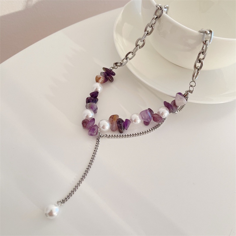 Irregular Purple Crystal Stone Necklace Accessories Titanium Steel Spliced Pearl Clavicle Chain Simple Personality