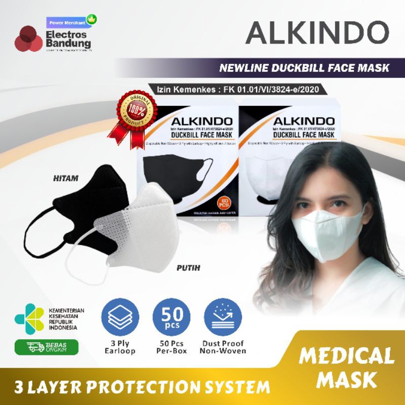 Masker Duckbill Alkindo Garis Hidung 3 Ply isi 50 Pcs Emboss Hitam Dan Putih Masker Duckbill Medis O