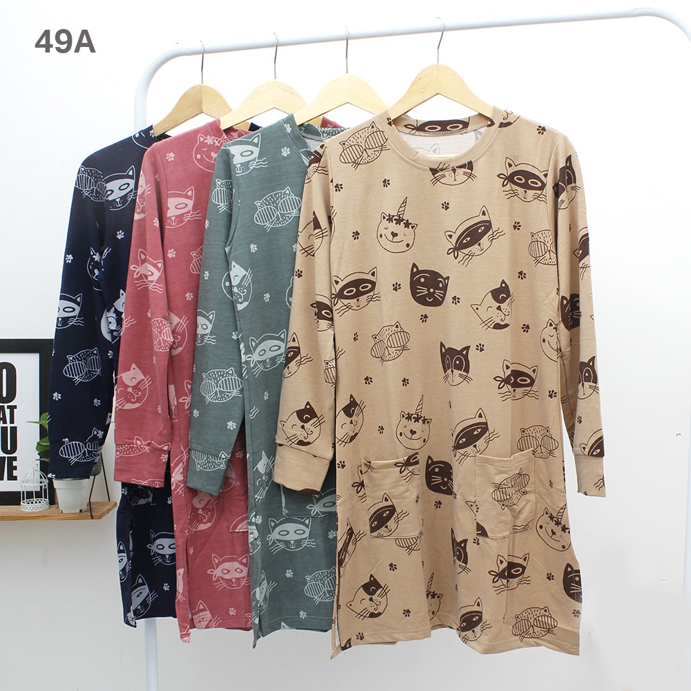 JakartaFashion - dress tunik babyterry printing motif kucing model terbaru bahan tebal adem panjang