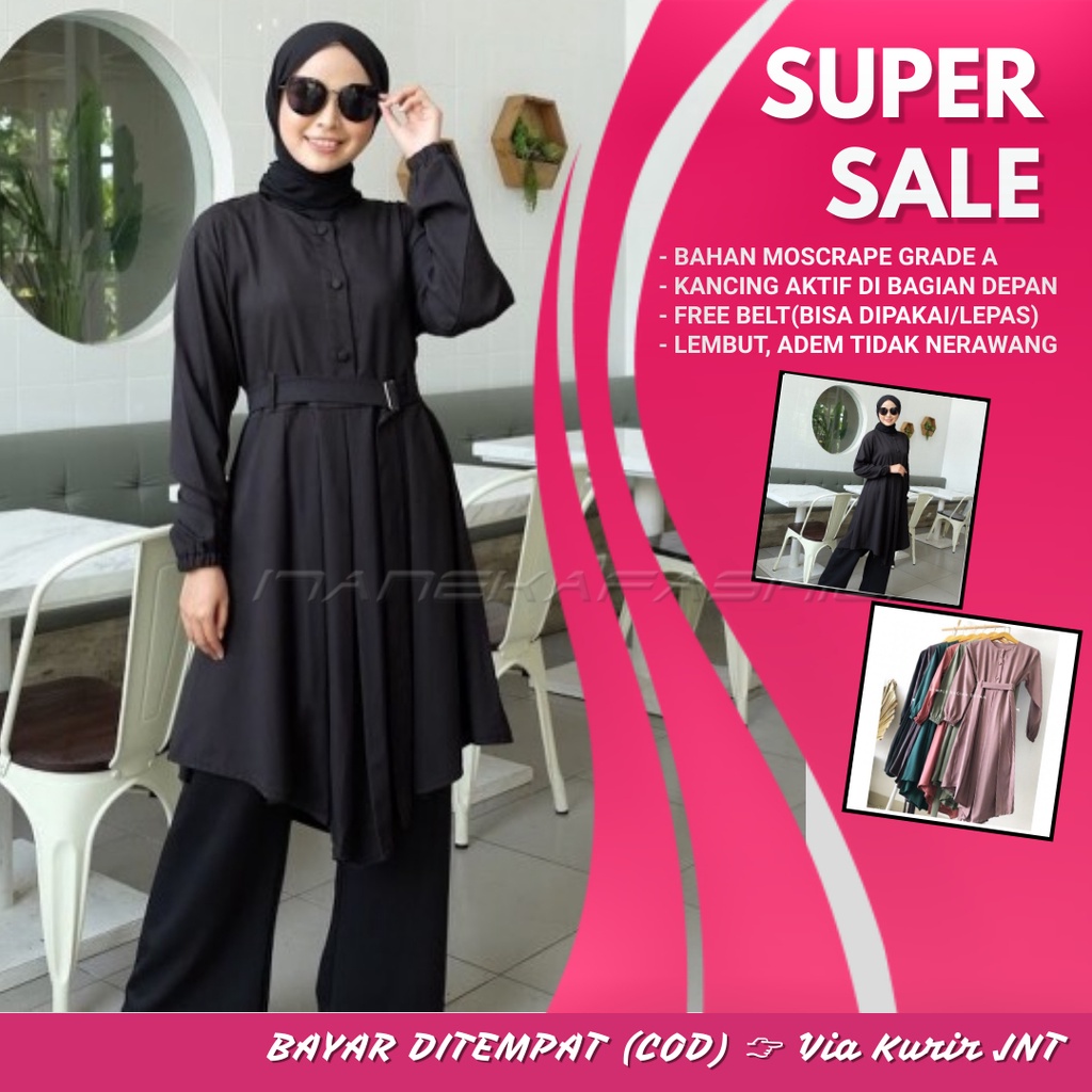 NEDA TUNIK FULL KANCING MOSCREPE // tunik dzuvia/family MOTIF HITAM