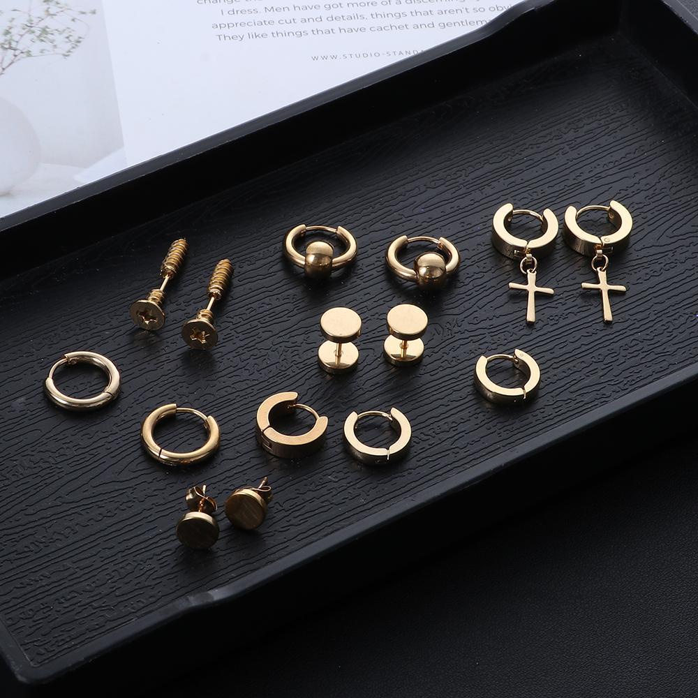 Preva Anting Set Tulang Rawan Helix Barbel Bar Stainless Steel Perhiasan Tindik Tubuh Hitam Dumbbell Stud