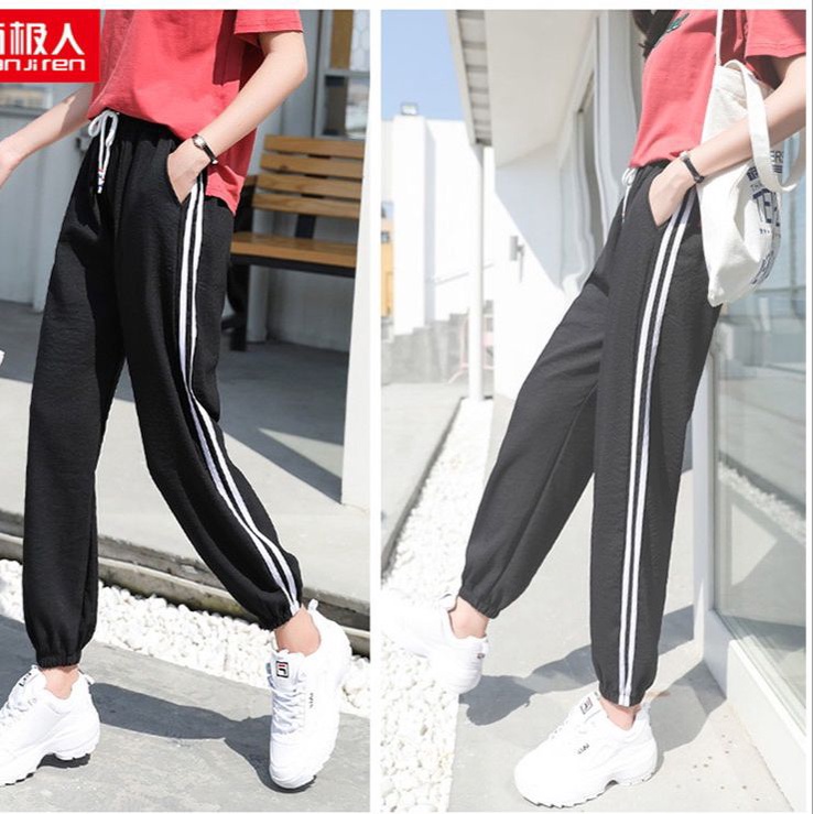 THISTLE - #JG04 Celana Jogger Wanita Motif Garis Putih Samping / Celana Panjang Wanita - IMPORT