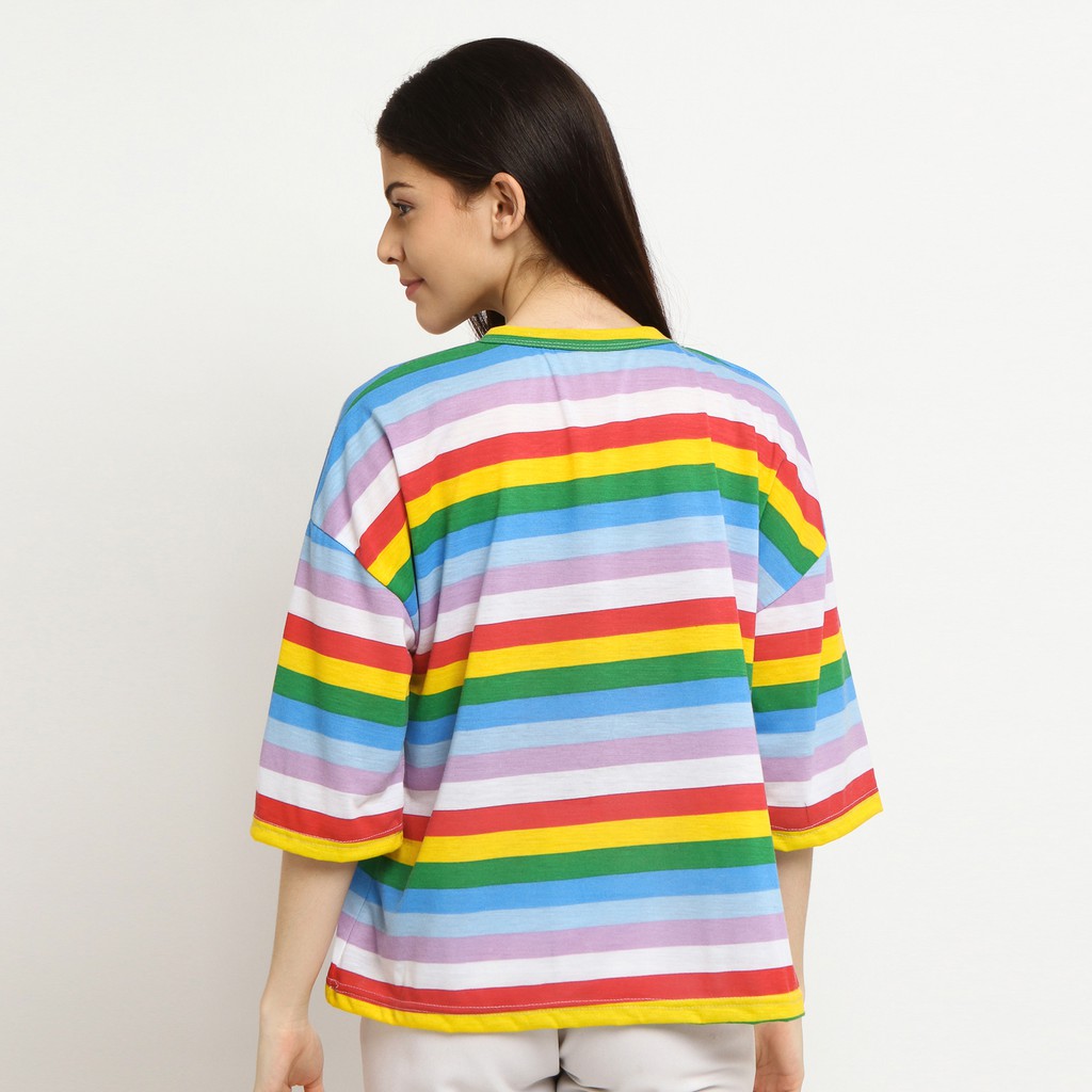 KAOS T-SHIRT ONECK MOTIF GARIS PELANGI SWEET CANDY RAINBOW - YELONIX