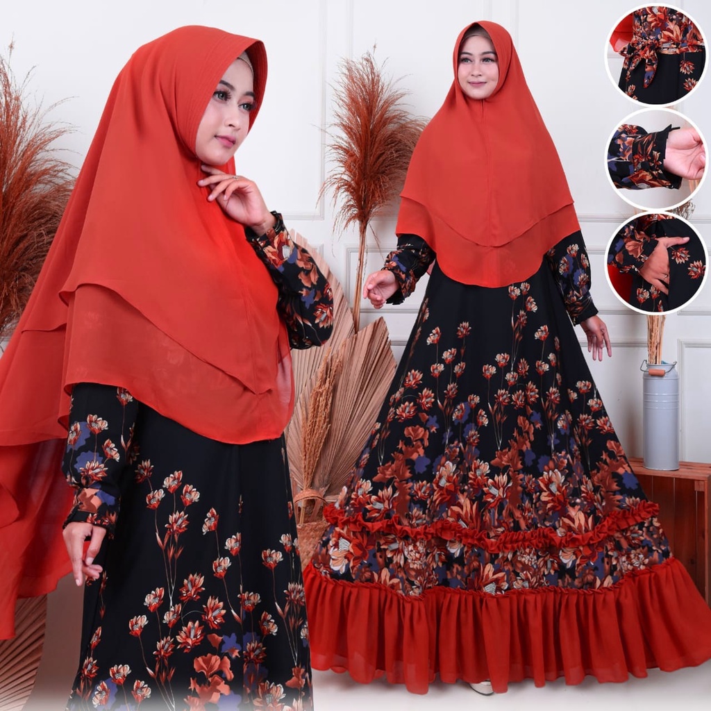 sonya maxi kombinasi  gamis monalisa rempel ceruty motif bunga set khimar seruty bebydoll/ fashion dress muslim wanita