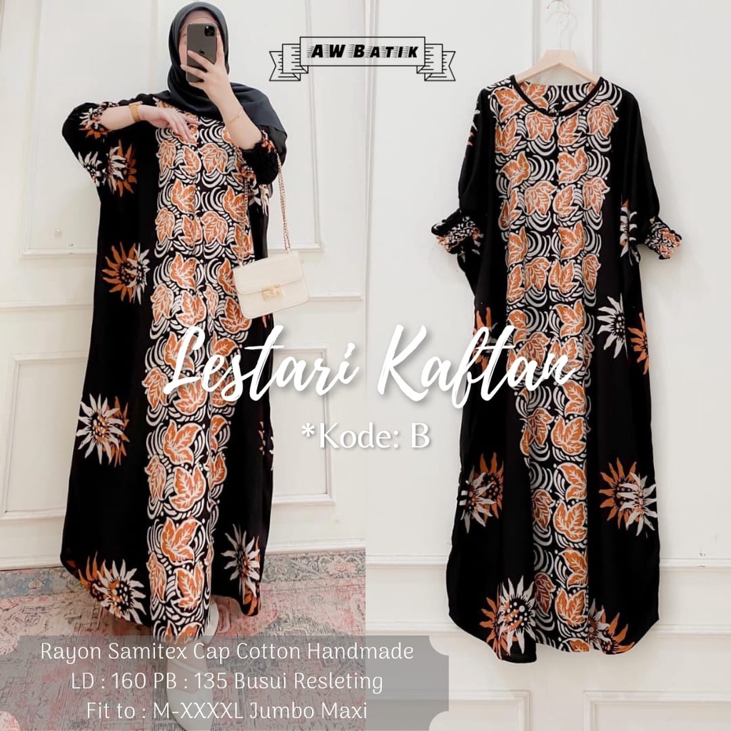 Batik A W - Lestari Kaftan Batik Wanita Jumbo XXXXL Motif Cap Sogan Busui Resleting Lengan 3/4 Rayon Tebal Gamis Rayon Jumbo Kaftan