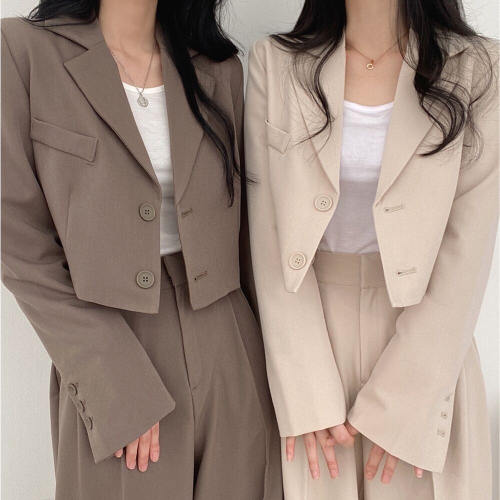 Setelan Wanita Kekinian Korean Style Celana Kulot Highwaist Loose/Blazer Crop Lengan Panjang One Set Import