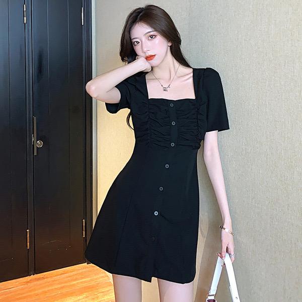 [littlecrab] Dress Full Kancing Karet Square Neck Polos Pendek Simple Elegan Short Dress Korean Style Model Simply Nyaman Lembut Berkualitas