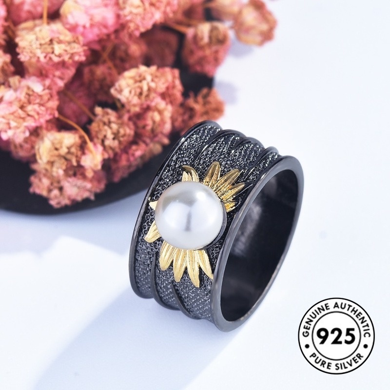 Cincin Desain Bunga Matahari Aksen Mutiara Bahan S925 Silver Gaya Gothic