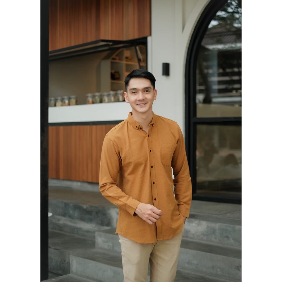 NESS kemeja katun linen panjang kemeja katun lengan panjang kemeja pria bahan katun  linen kemeja pria atasan pria lengan panjang kemeja panjang katun kemeja katun panjang 05 MUSTARD