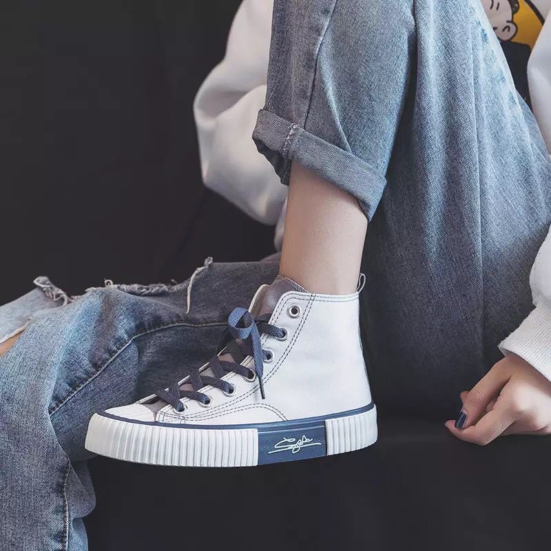 [ PAKAI DUS SEPATU ] IDEALIFESHOES Sepatu Wanita canvas Sneakers Abg Putih Biru Garis Import Korea High Top Kanvas import  KY-03