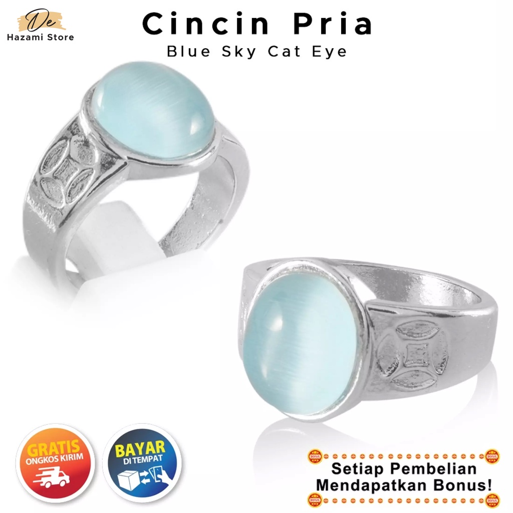 BISA COD Cincin Pria Batu Blue Sky Cat Eye Akik Kecil Kantoran Elegan