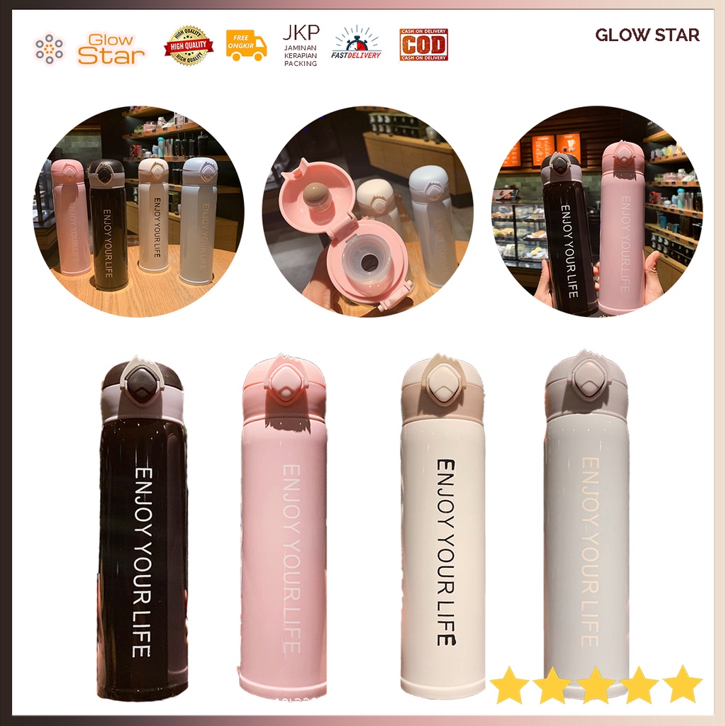 EYL Thermos Termos Klip Gelas Botol Tumbler Kopi Teh Enjoy Your Life Stainless Steel BPA 500ml Premium awet tahan lama Pink White Black Blue