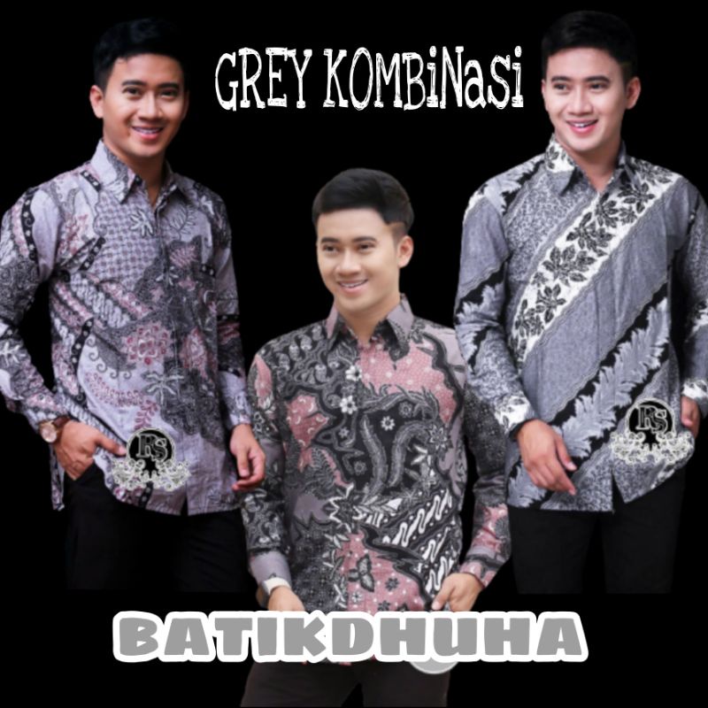 ATASAN KEMEJA HEM BATIK PRIA LENGAN PANJANG WARNA ABU ABU GREY M L XL XXL