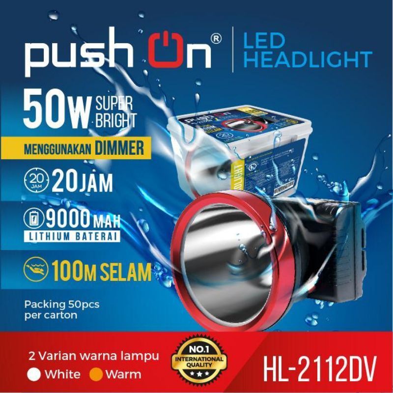 Senter Kepala Selam PUSH on Lampu LED HEADLIGHT 50 WATT Cahaya Putih Dan Cahaya Kuning Super Terang/