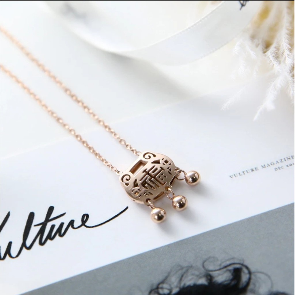 Kalung Titanium Etnis China Umur Panjang Warna Rose Gold dan Silver