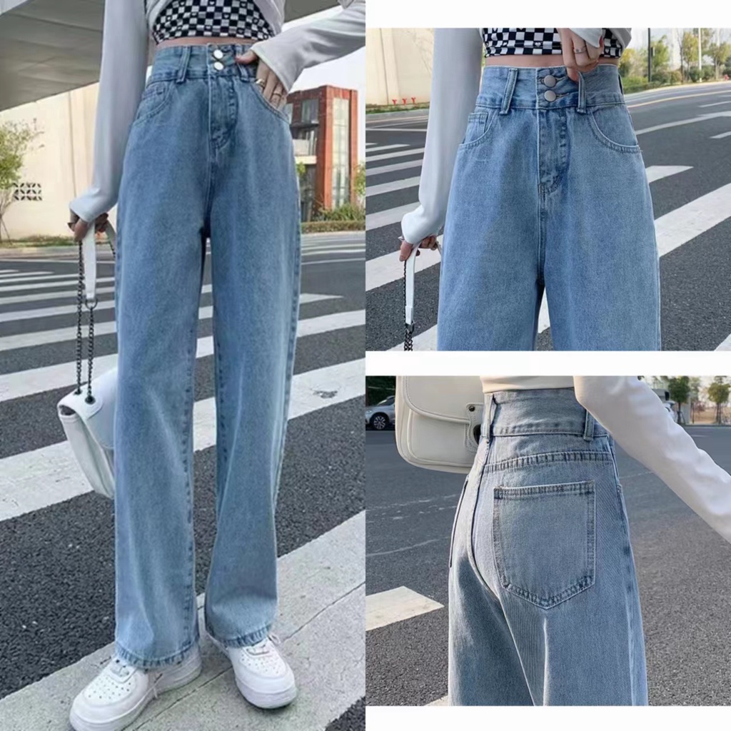 2022 Korea Fashion High Waist Longgar Wanita Jeans Kancing Ganda