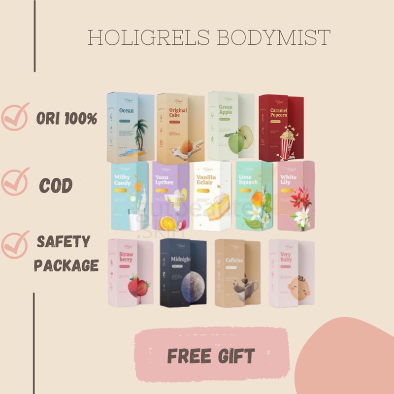 (SIAP KIRIM) BODYMIST HOLIGRELS POPCORN|VANILLA|MILKY|POPCORN|VERY BABY|CAFFEINA|YUZU|LIME|LILY|MIDN