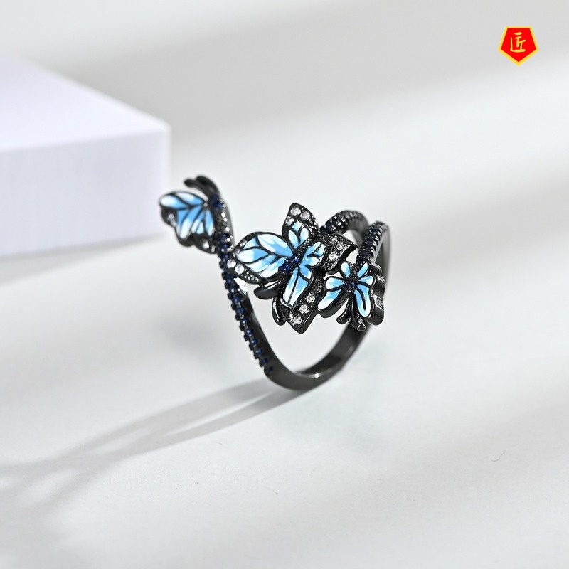 [Ready Stock]Three Butterfly Black Gold Ring Creative Elegant Ear Studs Suit for Women