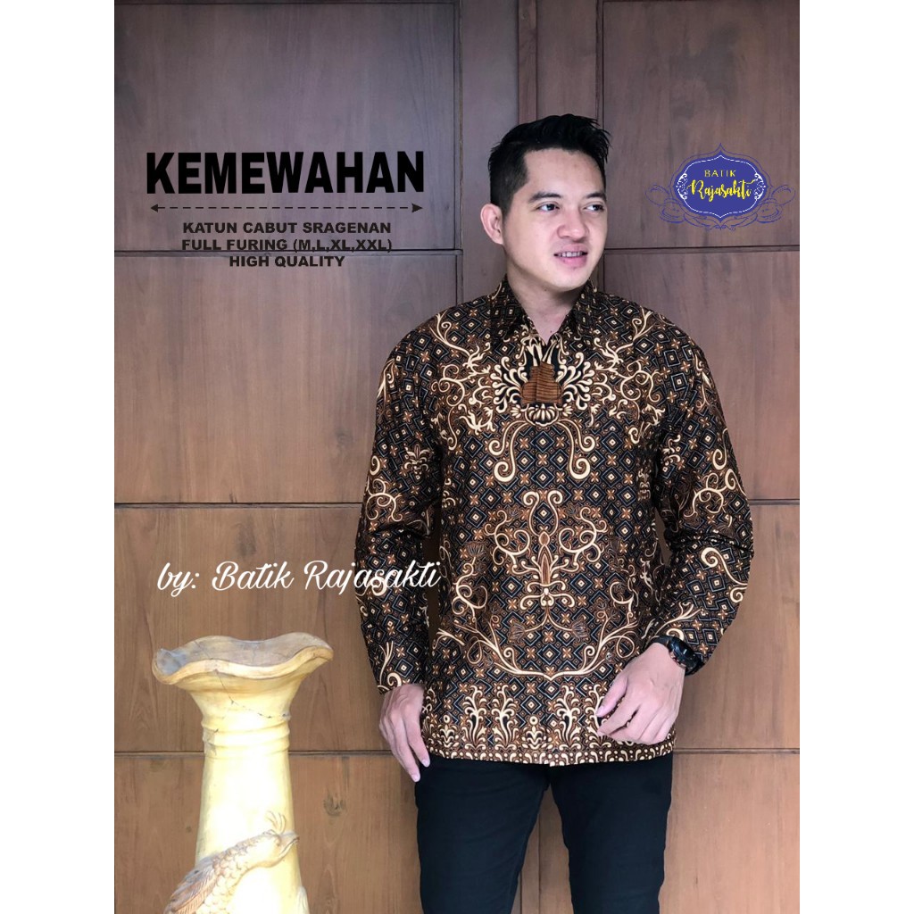 KEMEWAHAN Atasan Baju Kemeja Batik Pria Lengan Panjang PREMIUM LAPIS FURING Katun RAJASAKTI