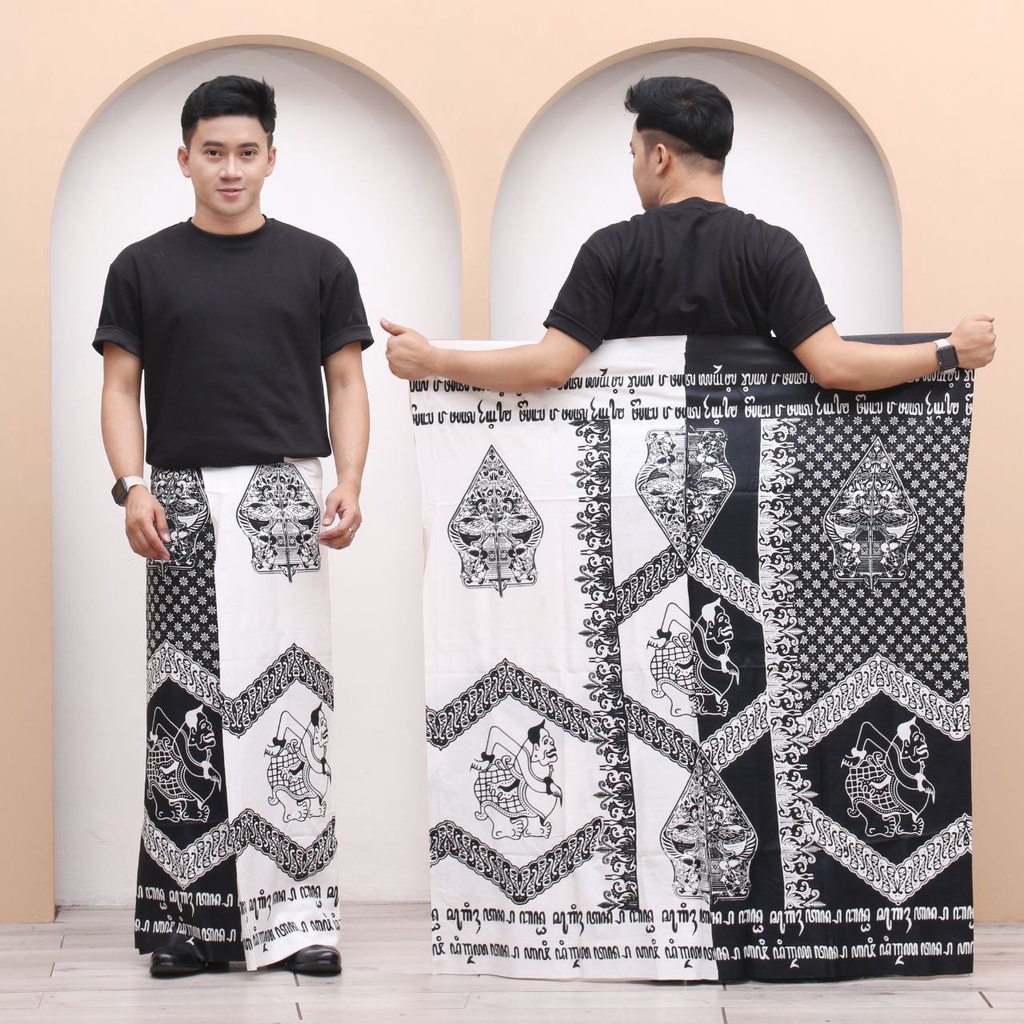 Sarung Batik Pria Warna  Putih | Sarung Motif Wayang Warna Putih | Sarung Motif Gunungan Bali Terlar