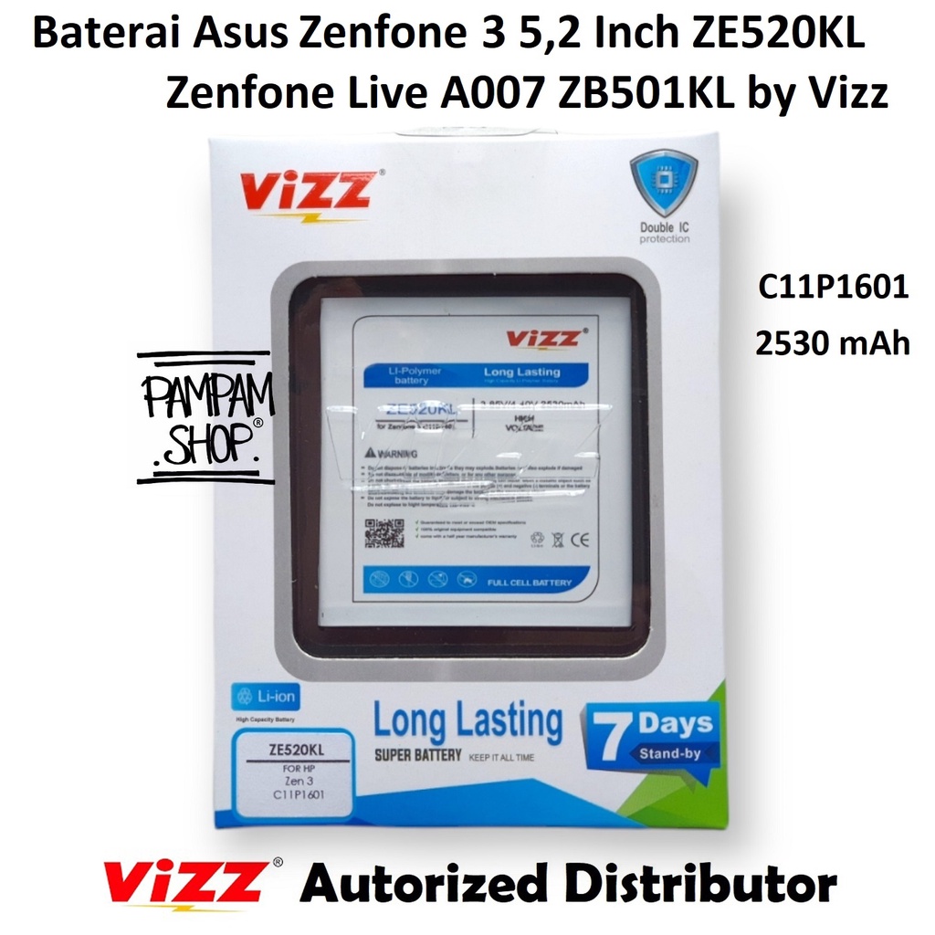 Baterai Vizz Double Power Original Asus Zenfone 3 5.2&quot; Inch ZE520KL Live A007 ZB501KL C11P1601 Batre Batrai Battery HP Handphone Ori Inchi