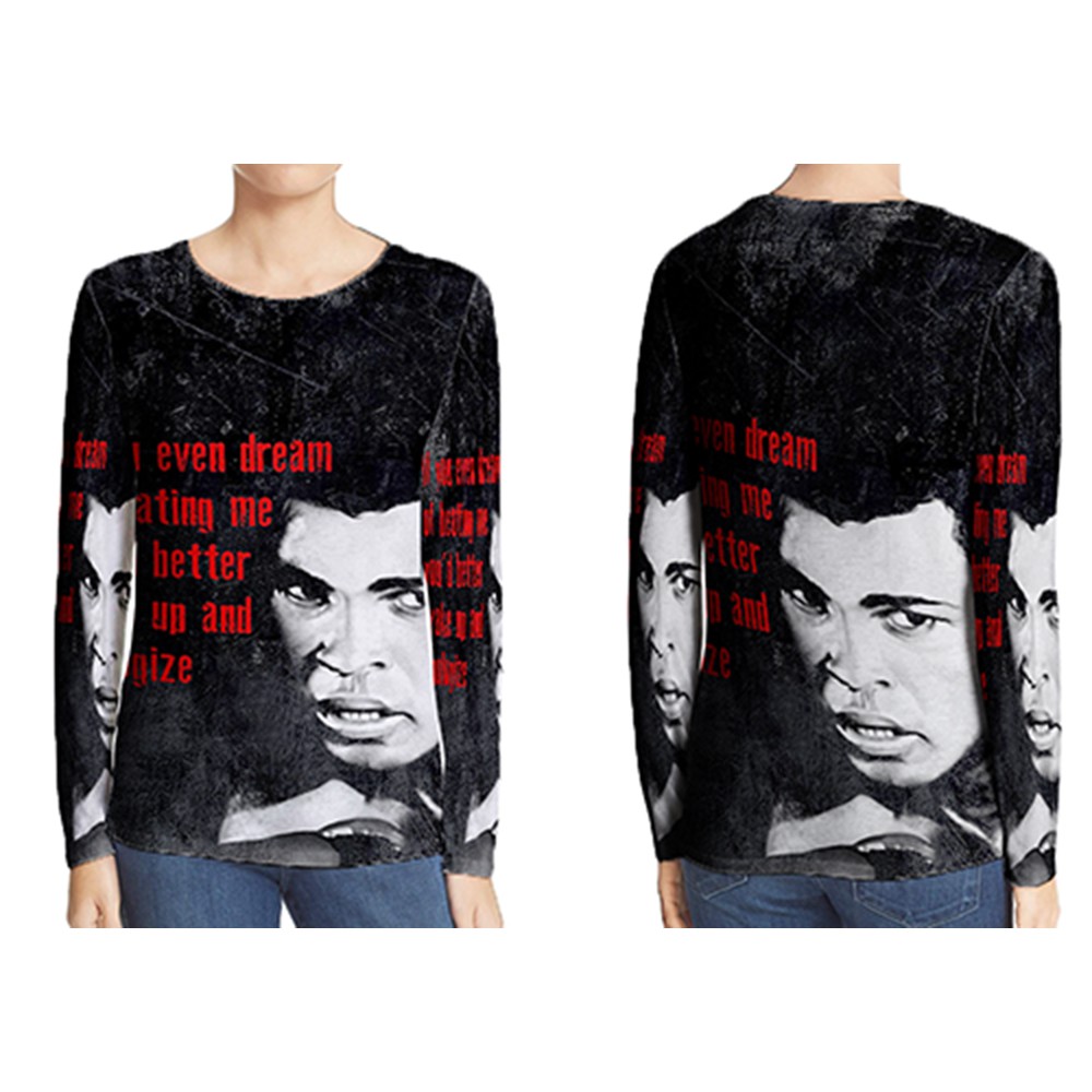 Kaos Tangan Panjang Muhammad Ali Fighter Quote Fullprint Tshirt Unisex Bahan Polyester Jersey Dryfit
