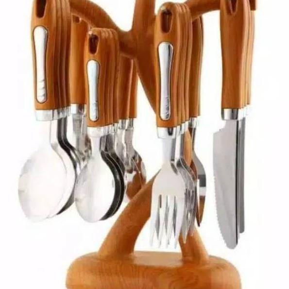 Top Produk.. SENDOK MAKAN KAYU SET TEMPAT SENDOK KAYU UNIK GANTUNG STAINLESS POHON SET 24 PCS