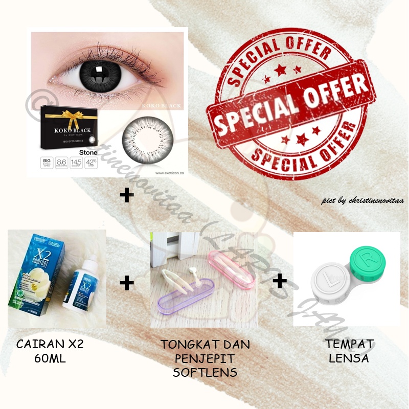 Paket Softlens  X2 by EXOTICON KOKO BLACK BIG EYES (Normal) 14,5 mm + Cairan X2 60 ml + Penjepit / Pinset