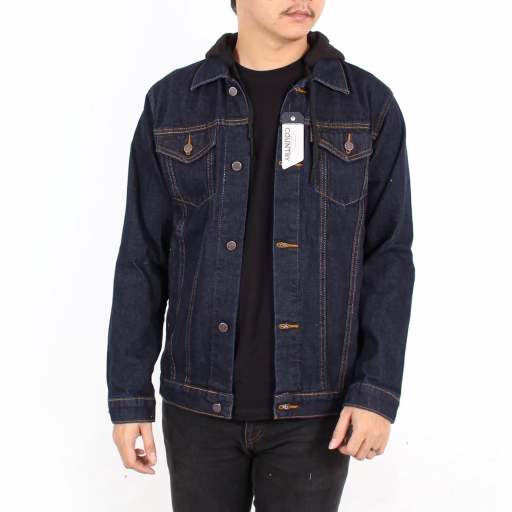 TERMURAH ! JACKET JEANS DENIM REGLAN PRIA JAKET JEANS BOY HOODIE KOMBINASI FLEECE BIG SIZE L XL XXL-AL GARMEN BLACK